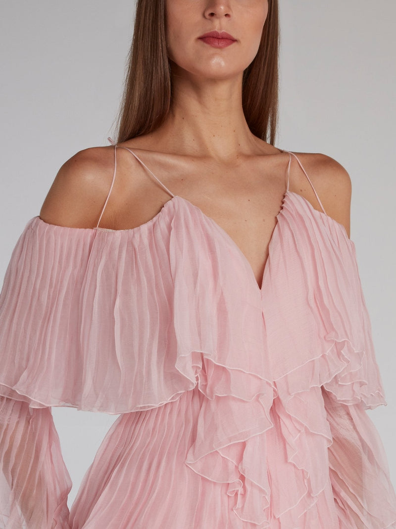 Pink Tiered Pleated Evening Dress