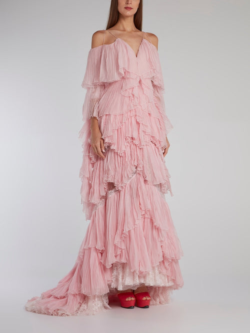 Pink Tiered Pleated Evening Dress