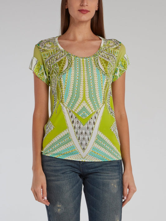 Green Printed Scoop Neck T-Shirt