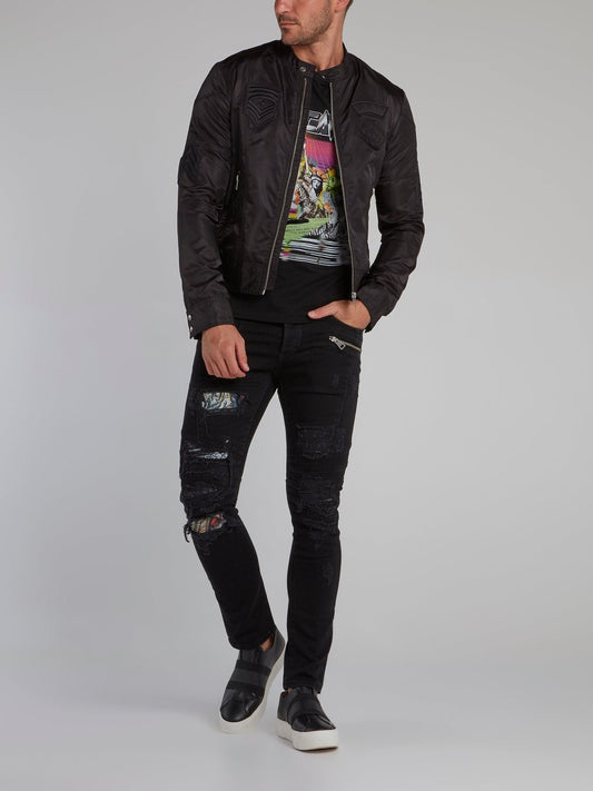 Black Zipper Embellished Tattered Skinny Jeans