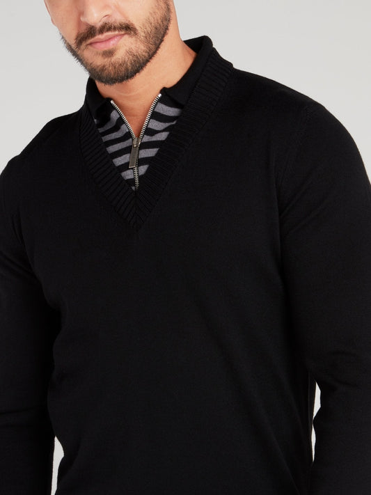 Black Stripe Edge Zip Neck Sweater