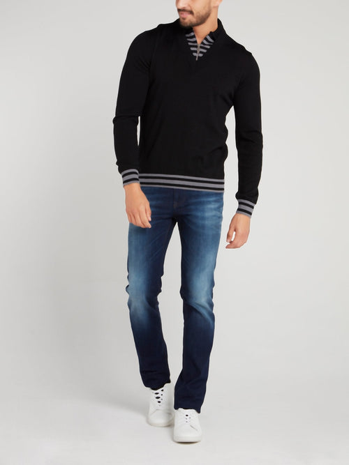 Black Stripe Edge Zip Neck Sweater