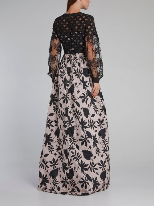 Leaf Print Mesh Sleeve Maxi Dress