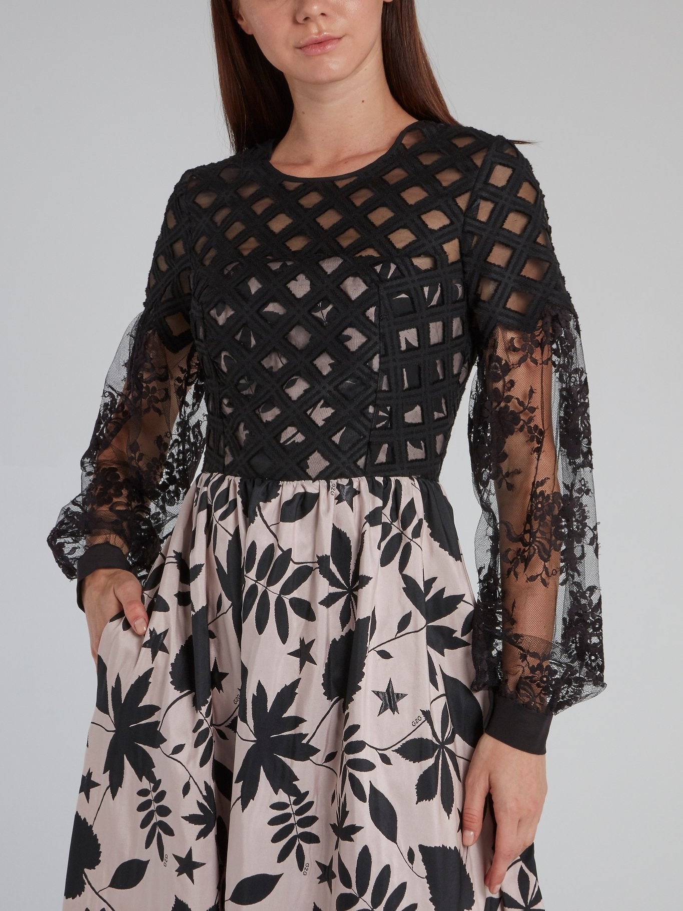 Leaf Print Mesh Sleeve Maxi Dress