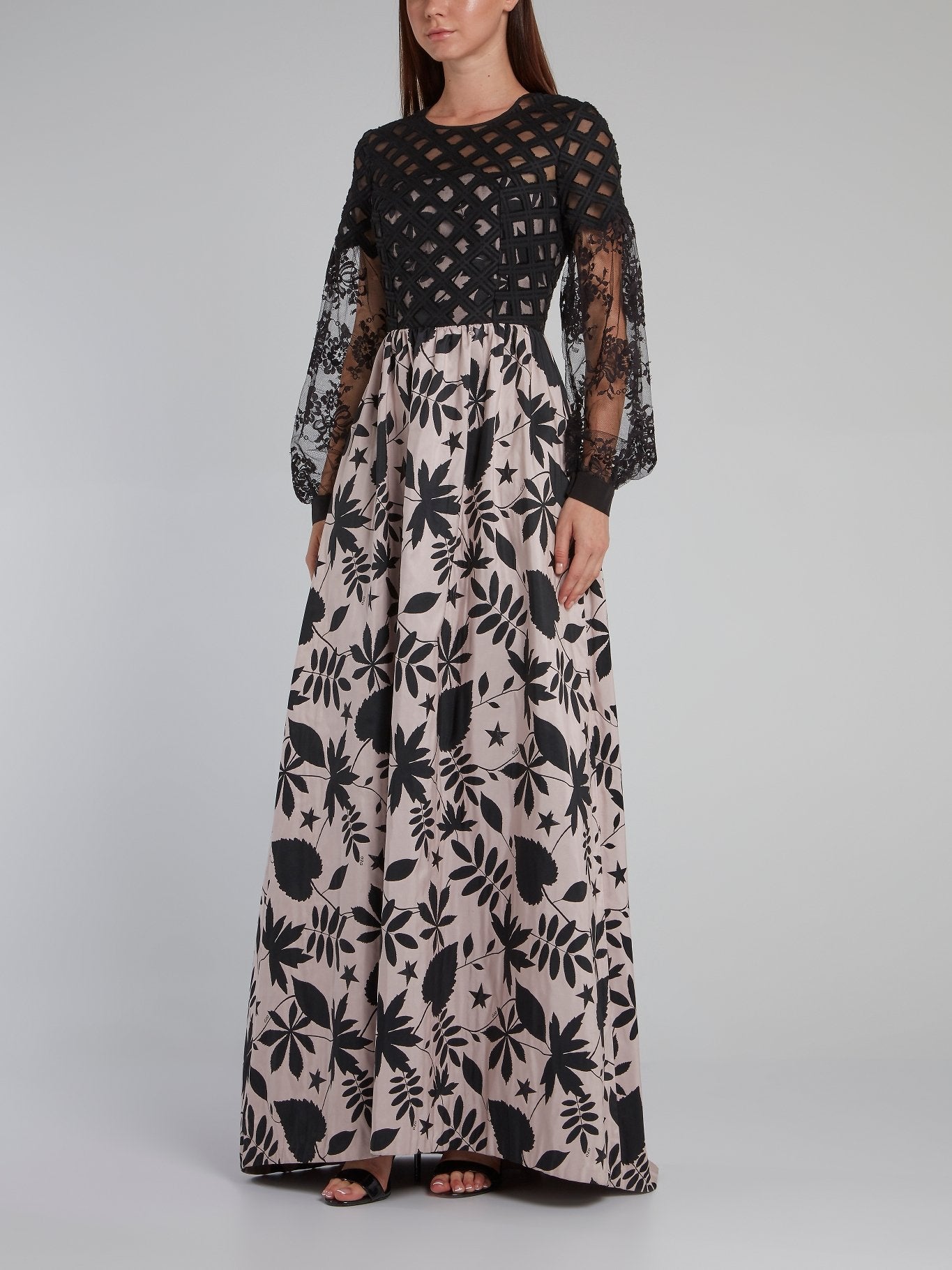 Leaf Print Mesh Sleeve Maxi Dress