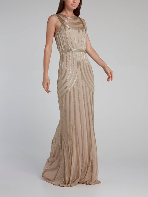 Brown Beaded Column Maxi Dress