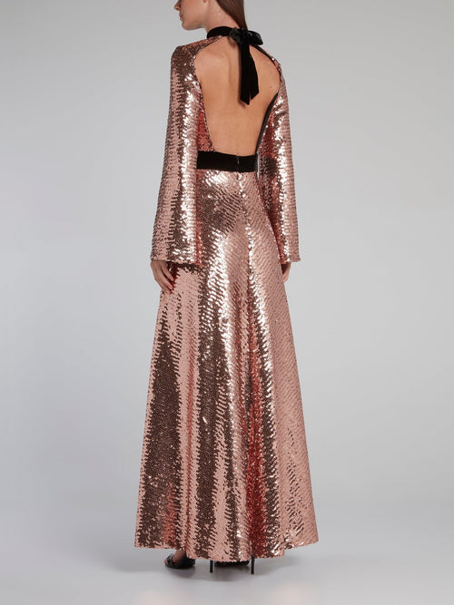 Metallic Bow Tie Sequin Maxi Dress