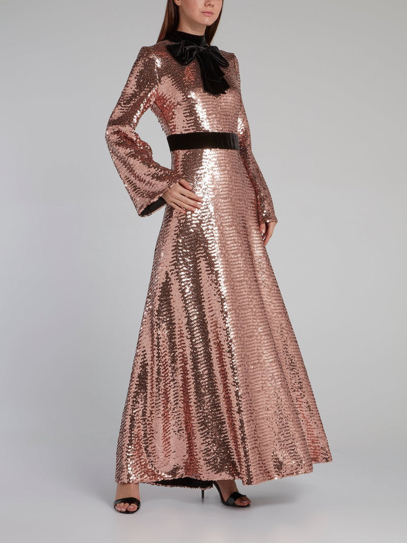 Metallic Bow Tie Sequin Maxi Dress