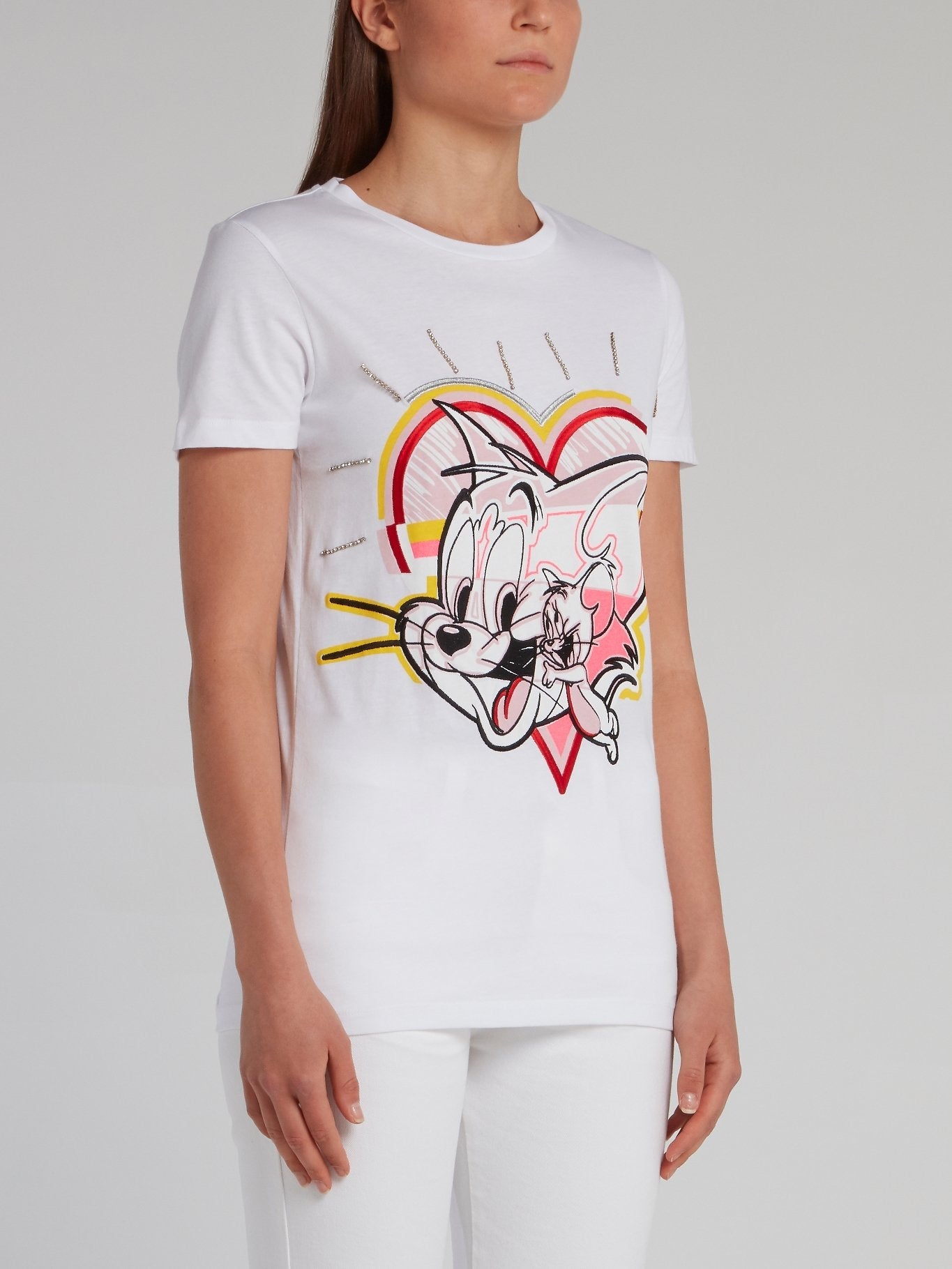 Tom and Jerry White Embroidered T-Shirt