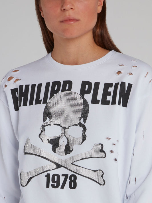 White Studded Skull Tattered Sweatshirt