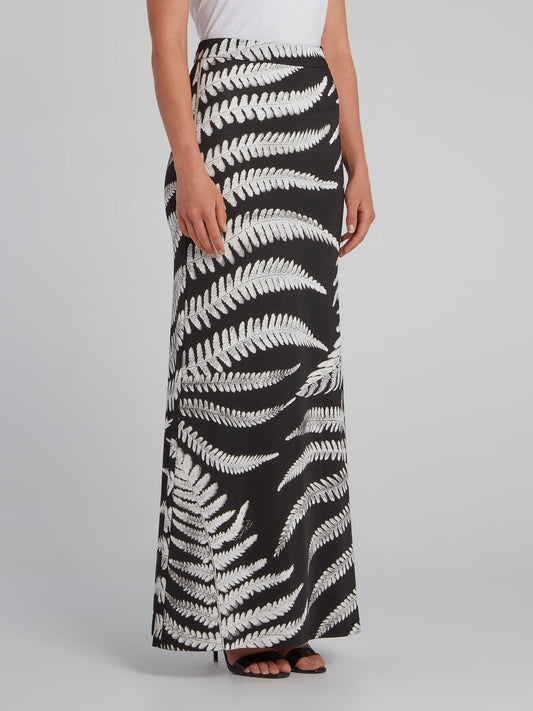 Leaf Print Rear Slit Column Skirt