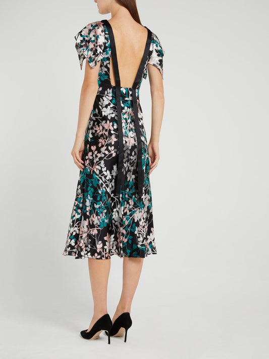 Leaf Print Open Back Midi Dress