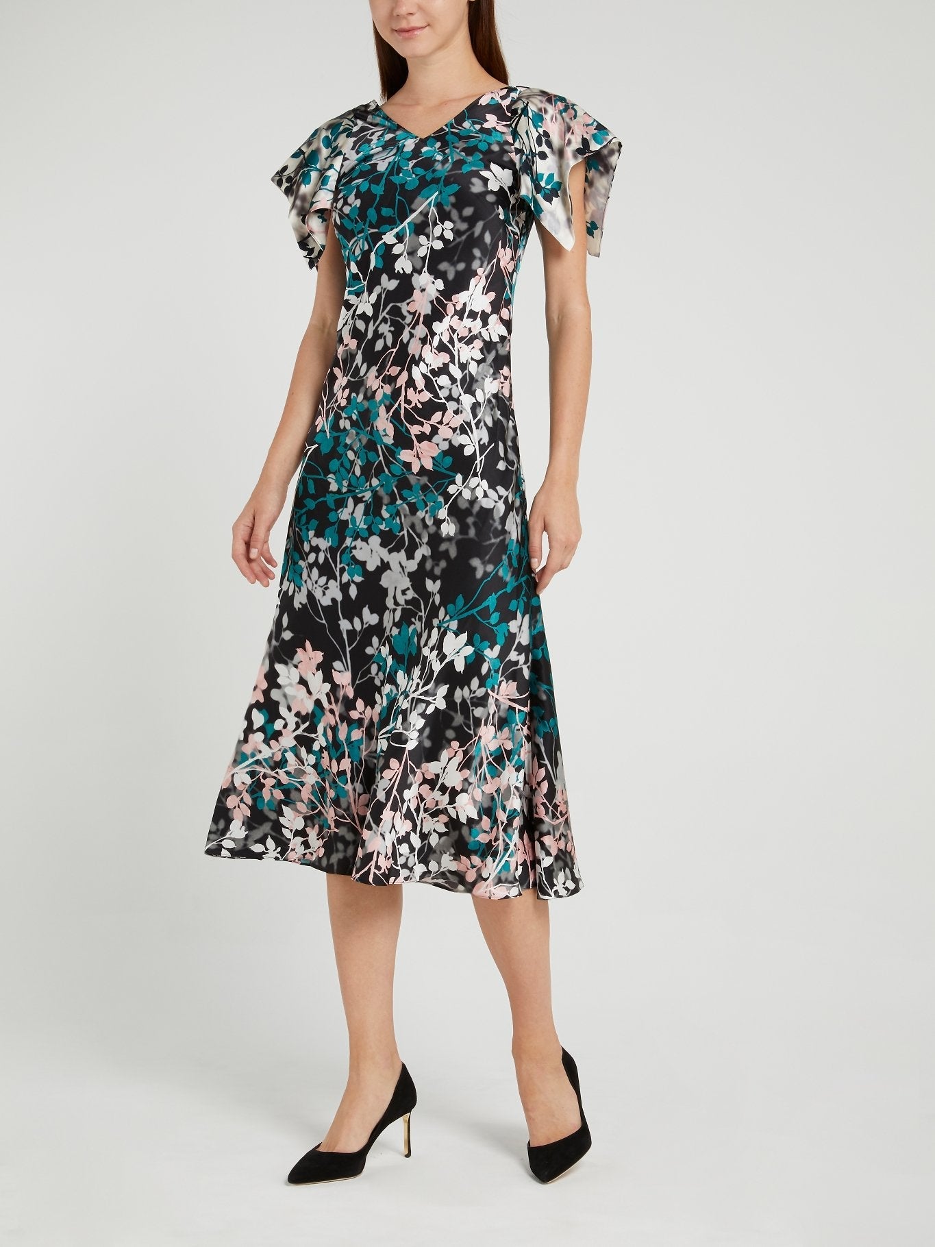 Leaf Print Open Back Midi Dress