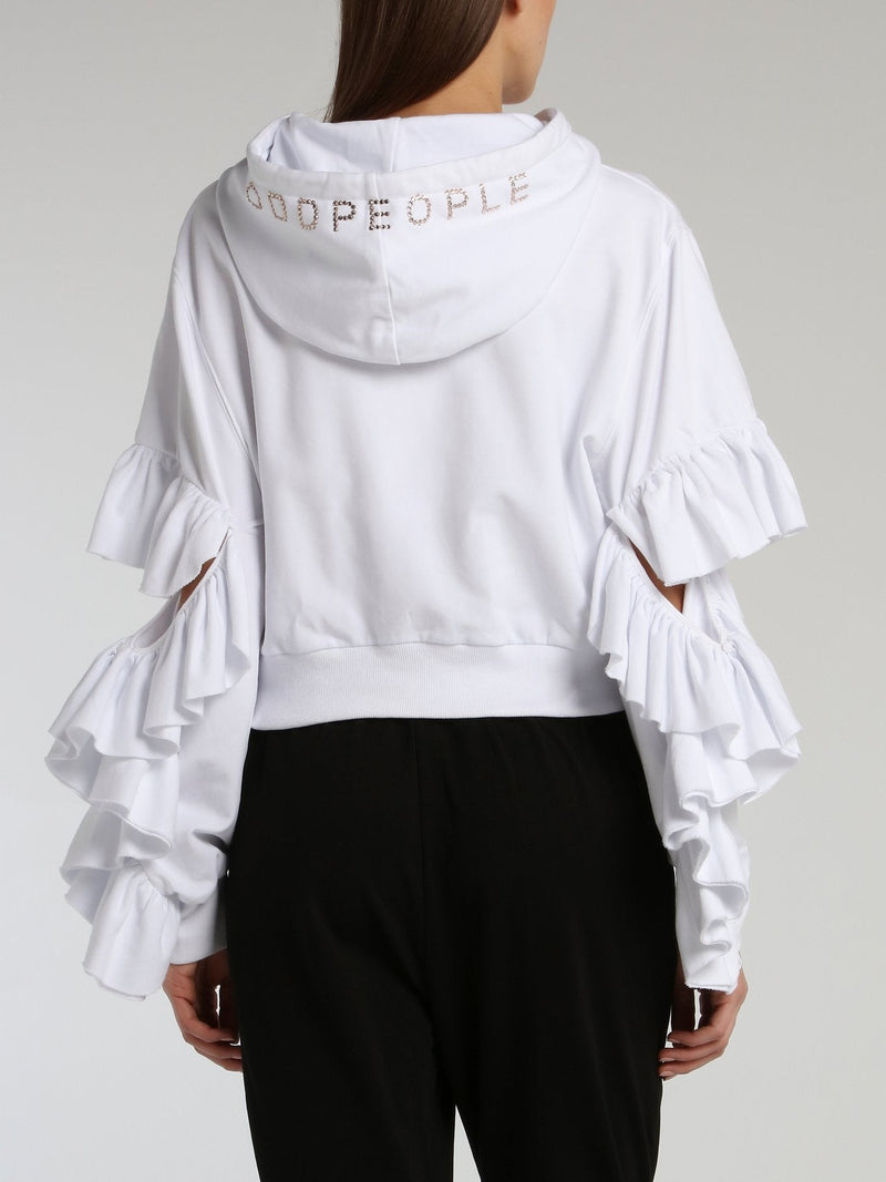 White Ruffle Sleeve Studded Hoodie