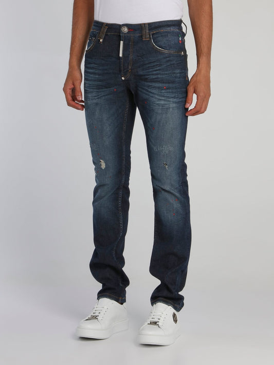 Rear Skull Distressed Straight Cut Jeans