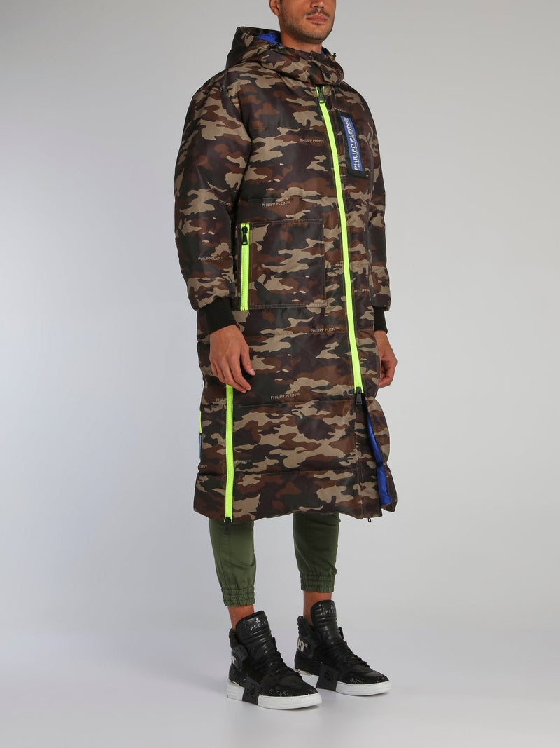 Camo Logo Long Puffer Jacket