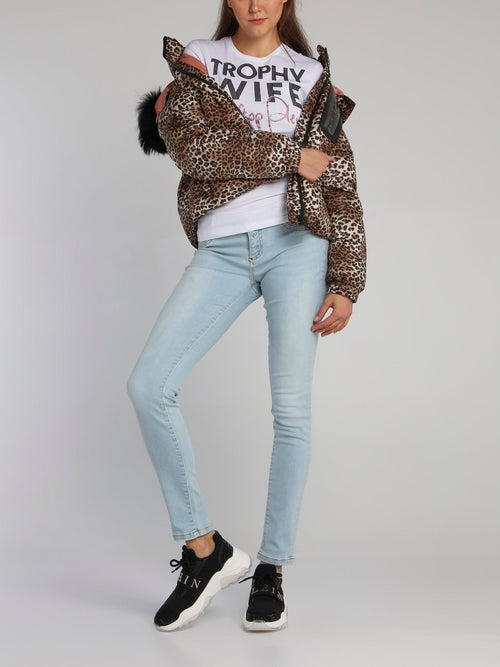 Leopard Print Fur Hood Puffer Jacket