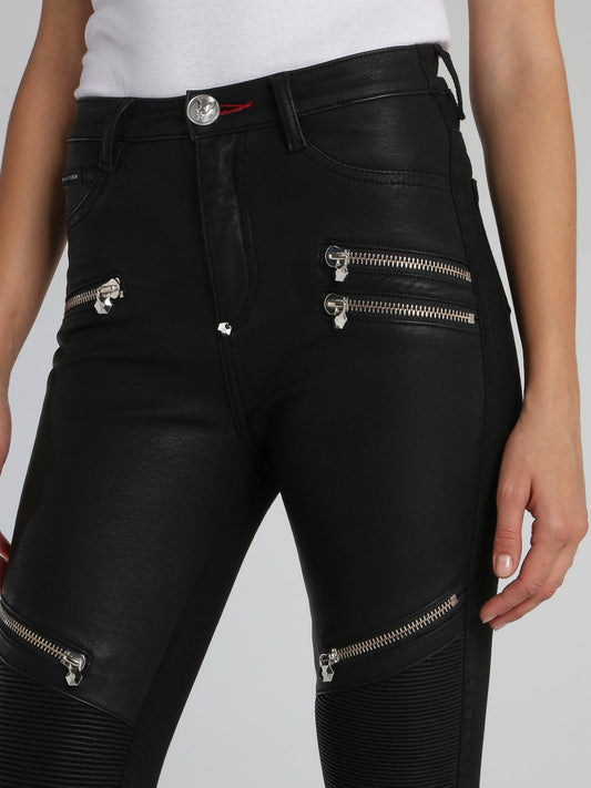 Black High Rise Leather Biker Pants