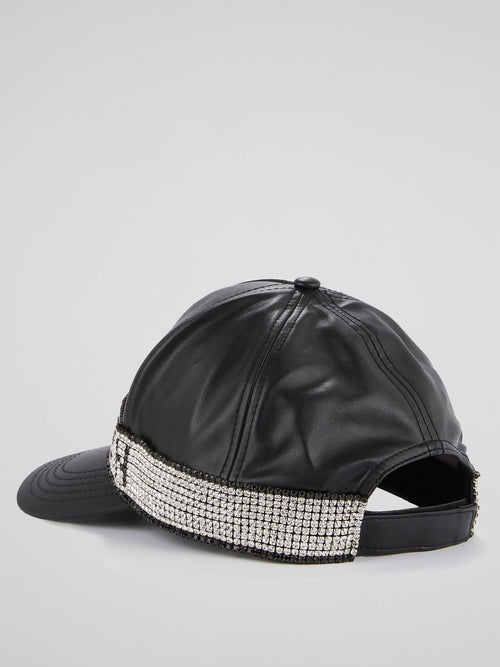 Black Crystal Studded Logo Statement Cap