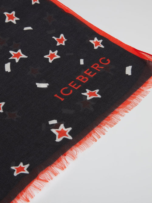 Black Star Print Frayed Scarf