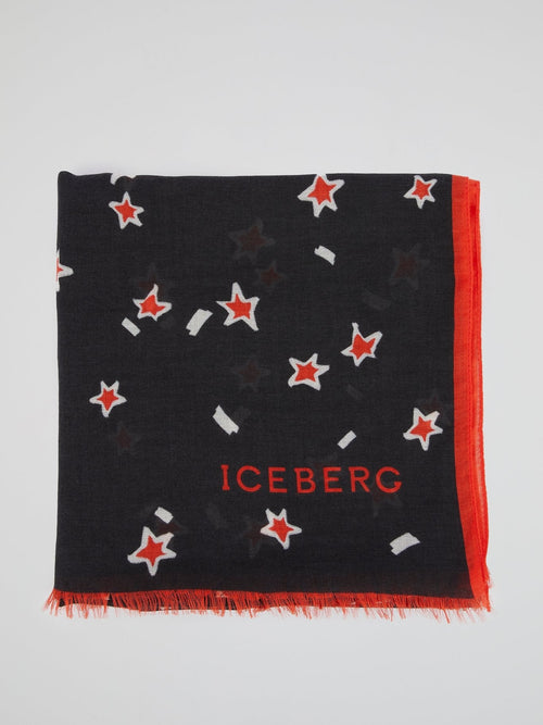 Black Star Print Frayed Scarf