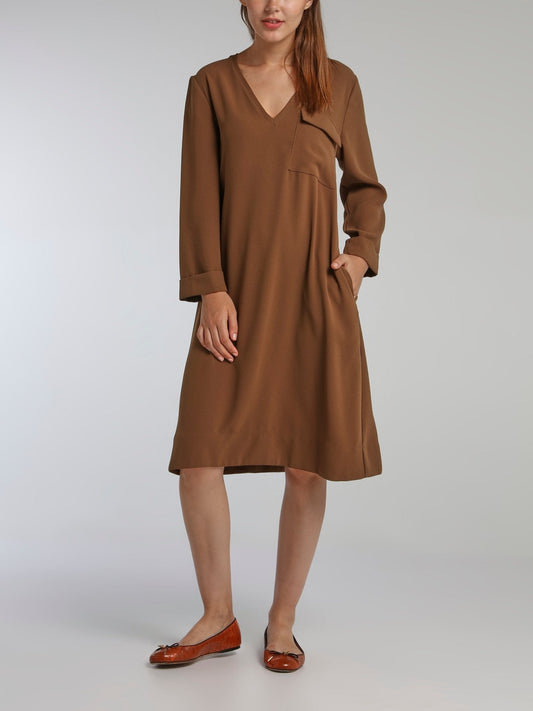 Leandra Brown Crepe Shift Dress