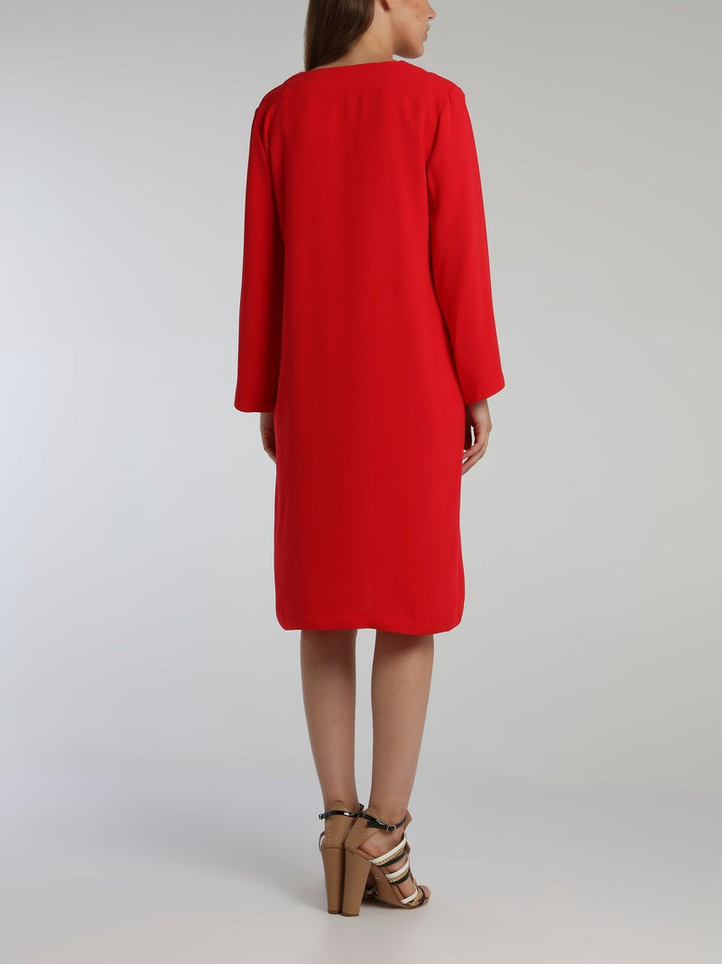 Line Red Long Sleeve Crepe Dress