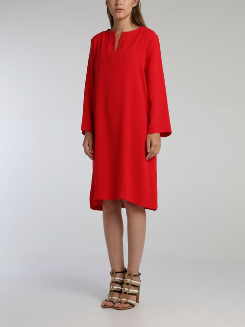 Line Red Long Sleeve Crepe Dress