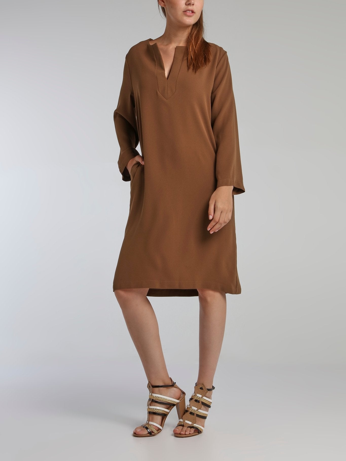 Line Brown Long Sleeve Crepe Dress