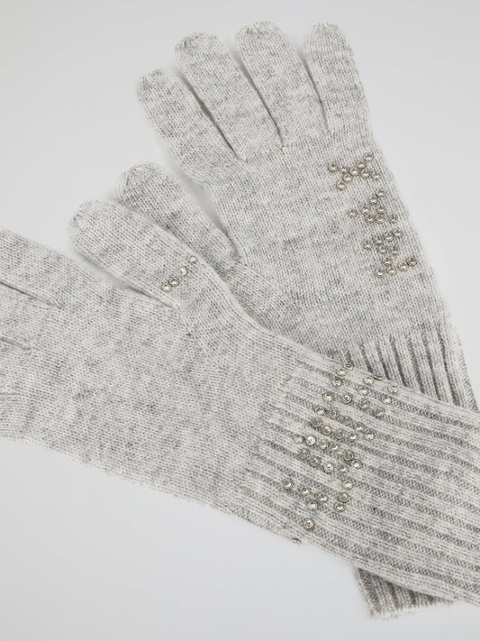 Grey Strass Embellished Gloves