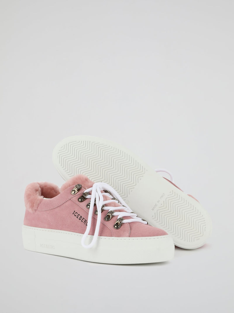 Pink Fur Trim Suede Trainers