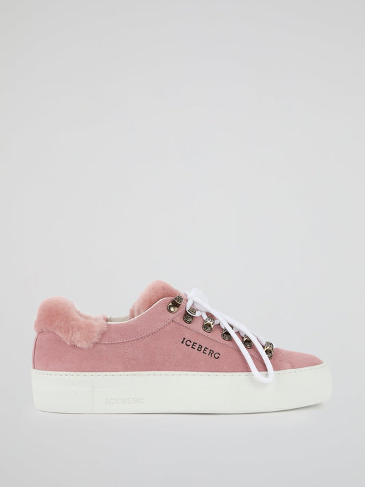 Pink Fur Trim Suede Trainers