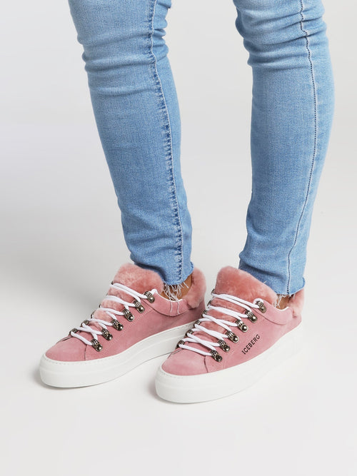 Pink Fur Trim Suede Trainers