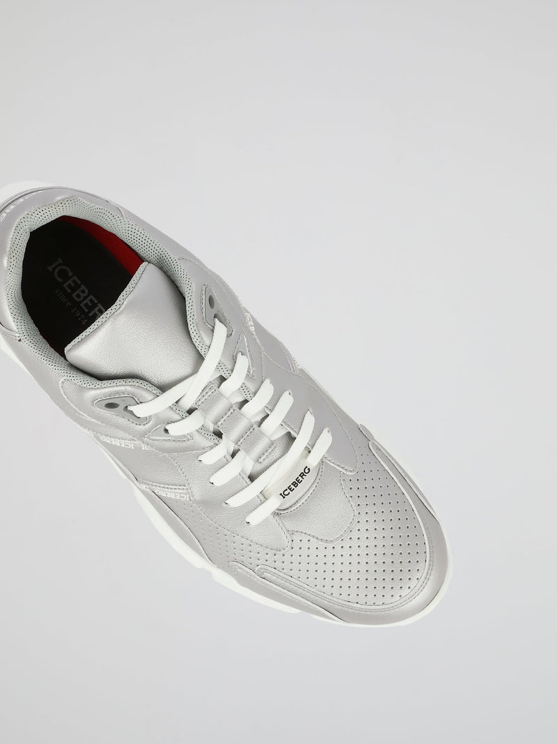 Silver Perforated Leather Sneakers