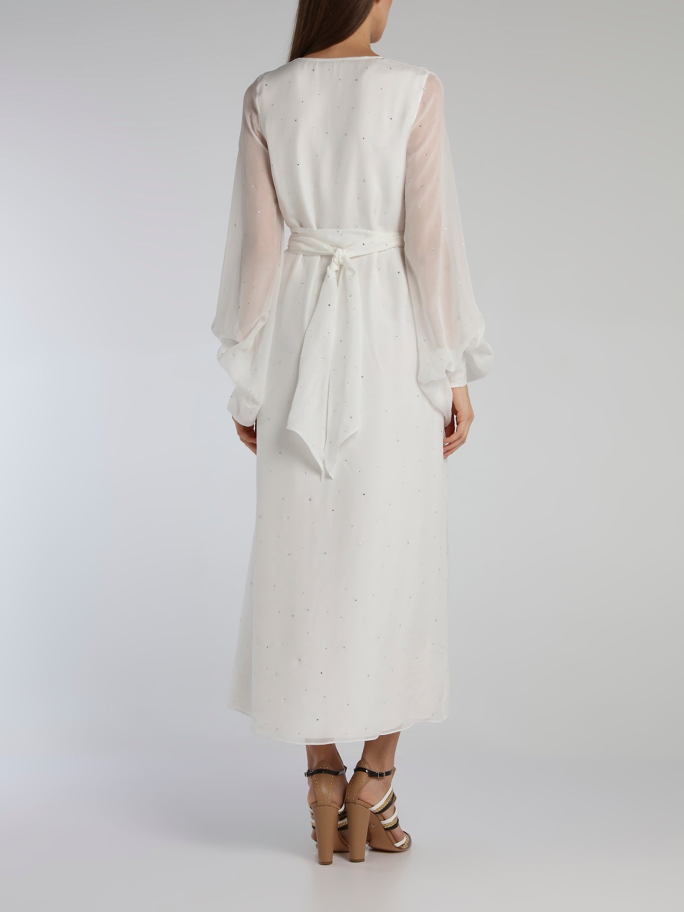 White Bishop Sleeve Studded Midi Dress