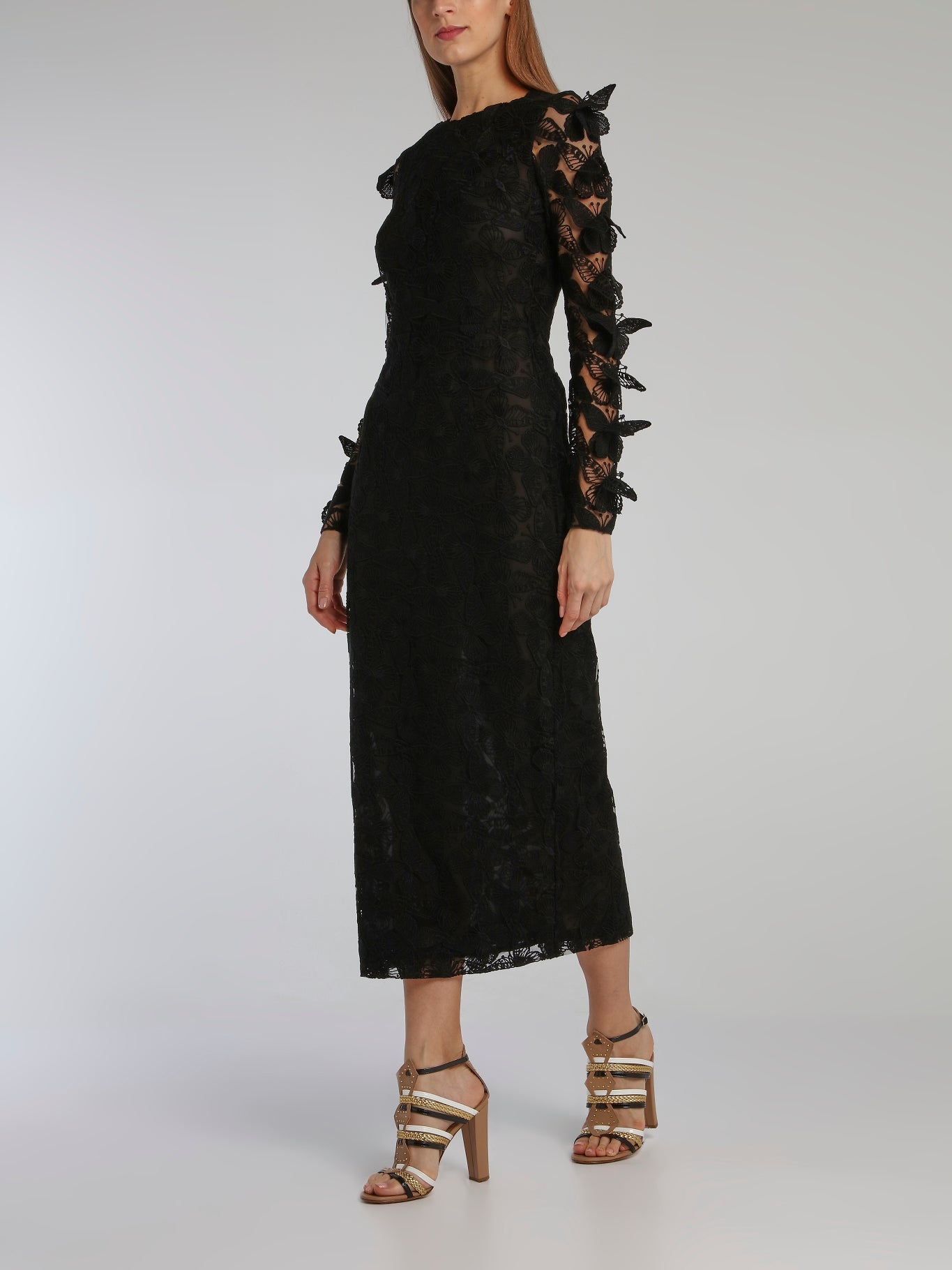 Black Butterfly Macrame Pencil Midi Dress