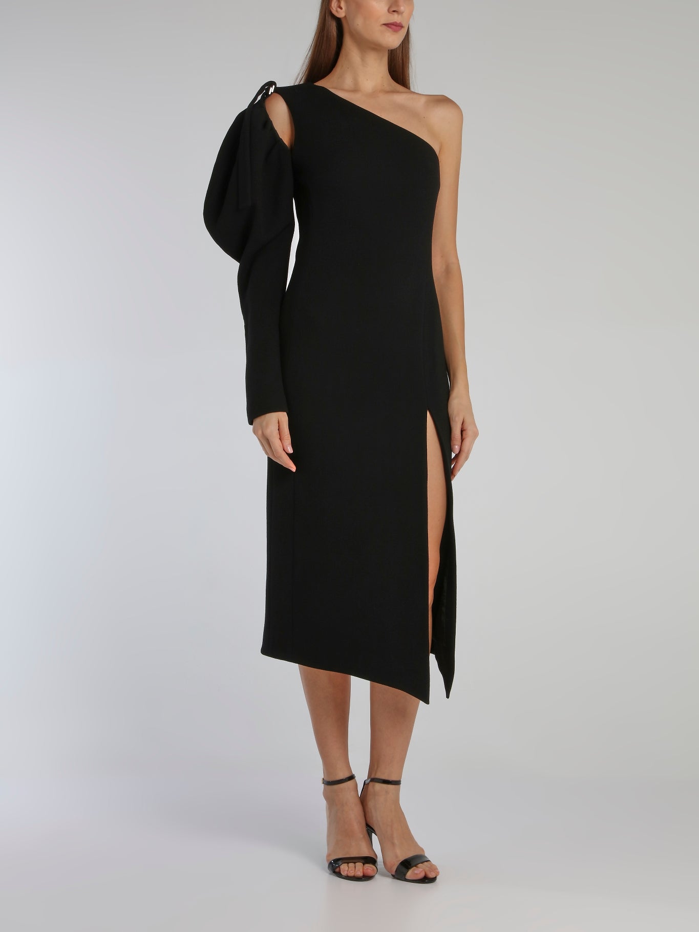 Black Puff Sleeve Wool Crepe Midi Dress