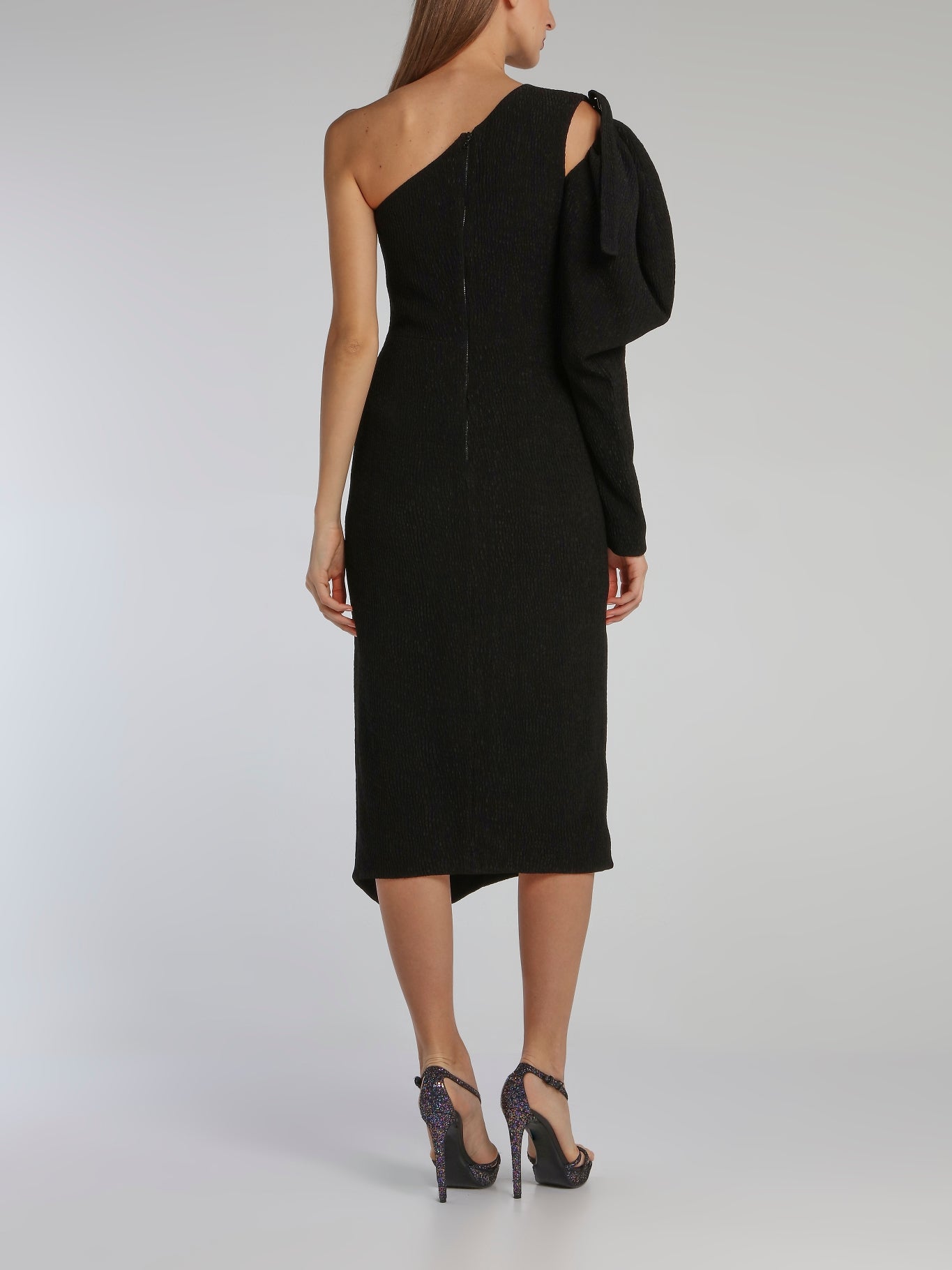 Black Puff Sleeve Cloque Midi Dress