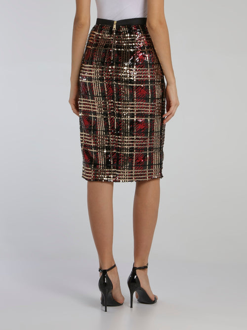 Paillette Check Pencil Skirt