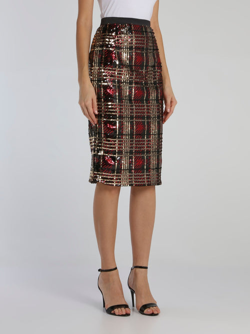 Paillette Check Pencil Skirt