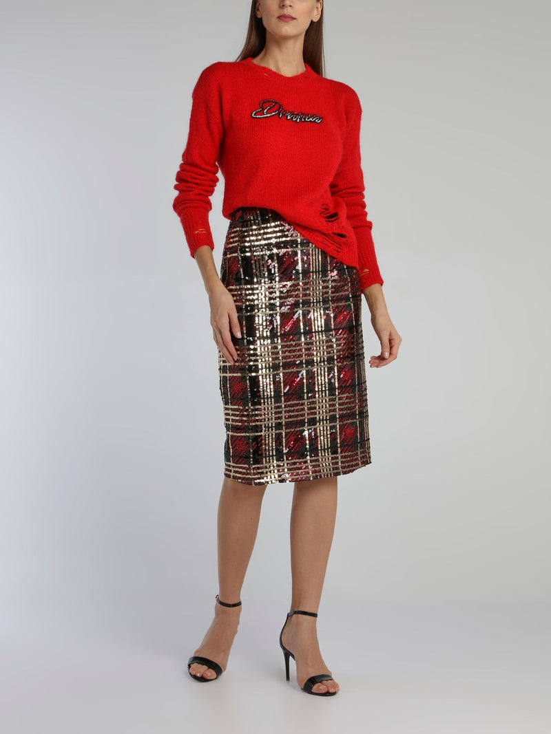 Paillette Check Pencil Skirt