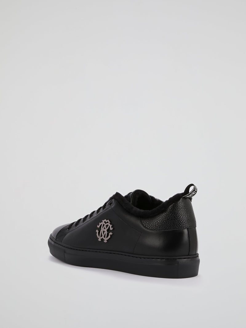 Black Fur Trim Leather Sneakers