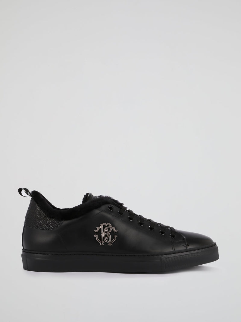 Black Fur Trim Leather Sneakers