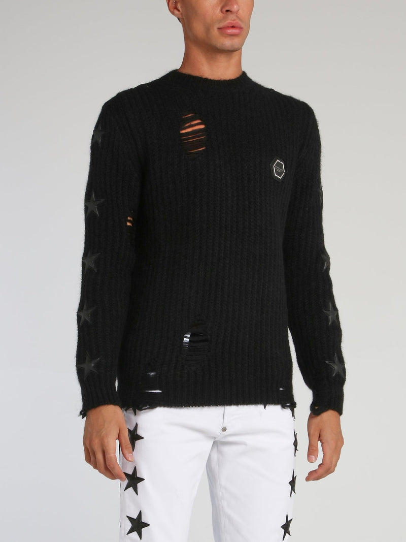 Black Distressed Ribbed Pullover