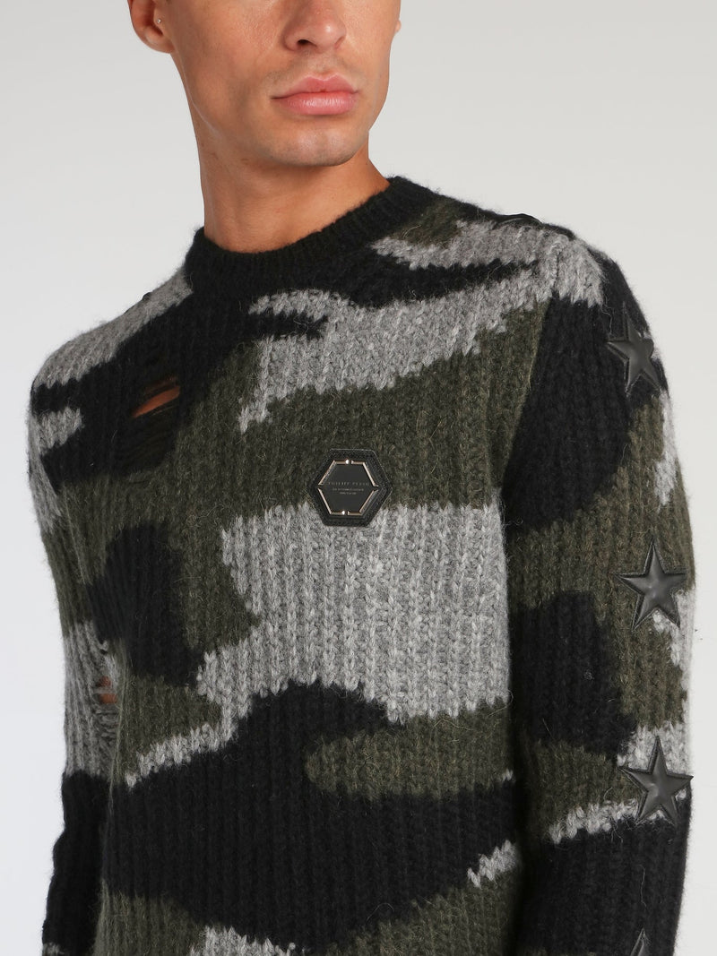 Camo Distressed Ribbed Pullover