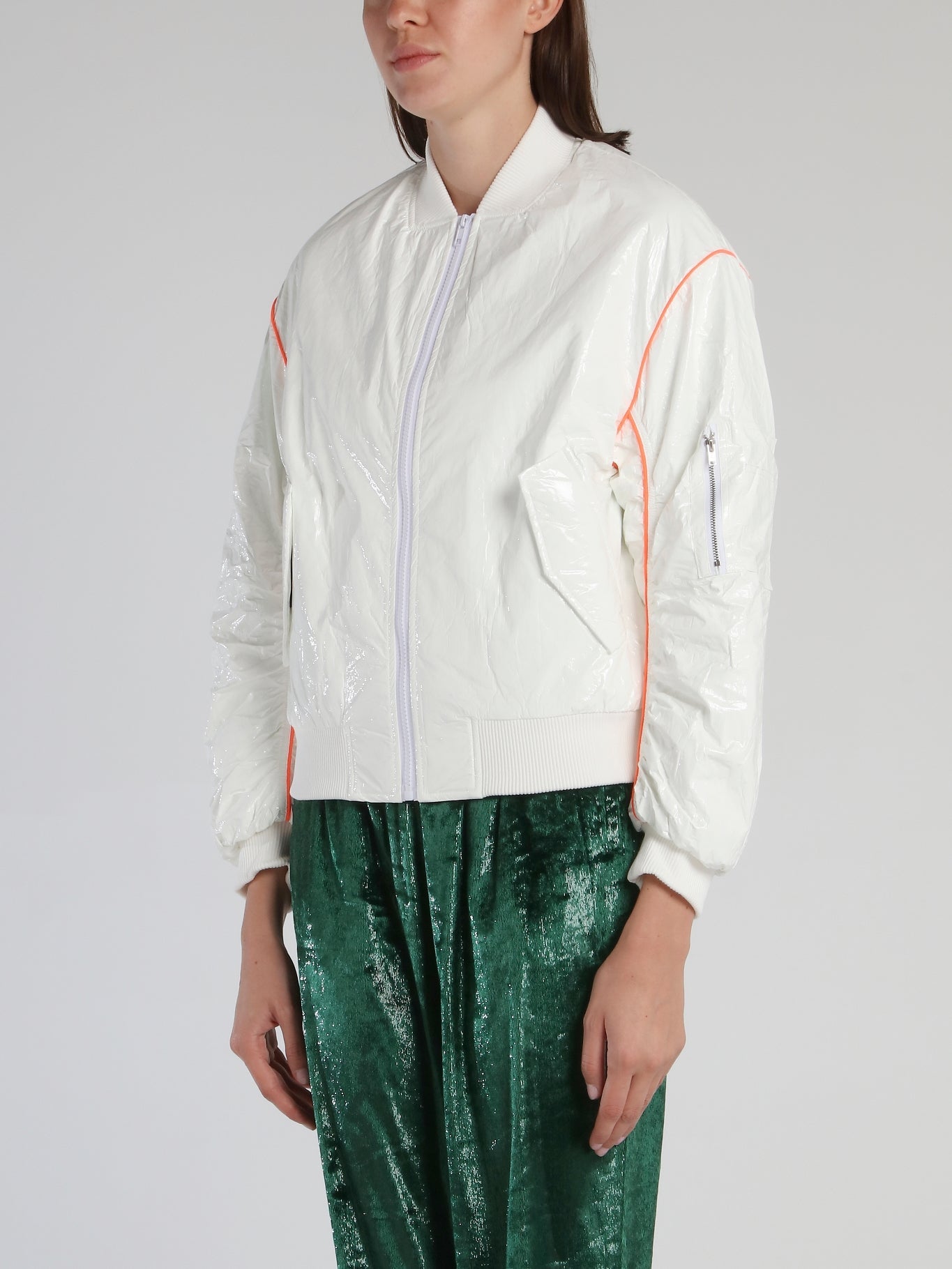 White Shirred Trim Bomber Jacket