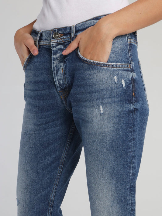 Blue Straight Cut Distressed Capri Jeans