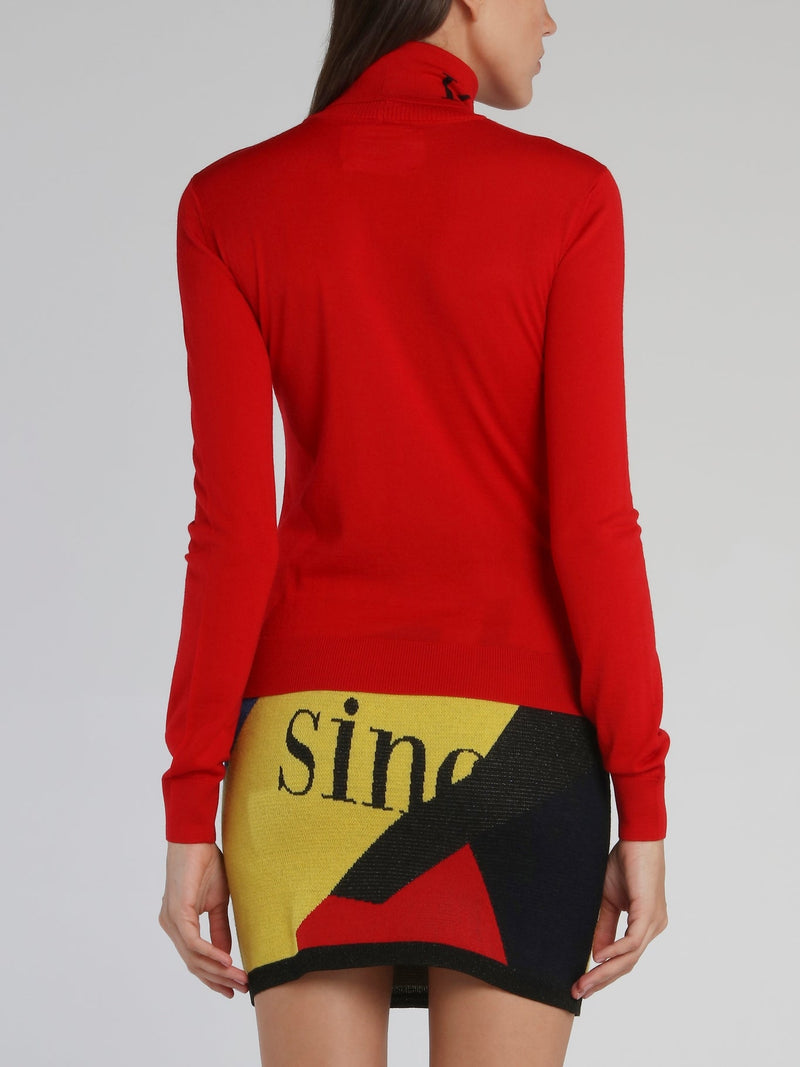 Red Logo Knitted Turtleneck Top