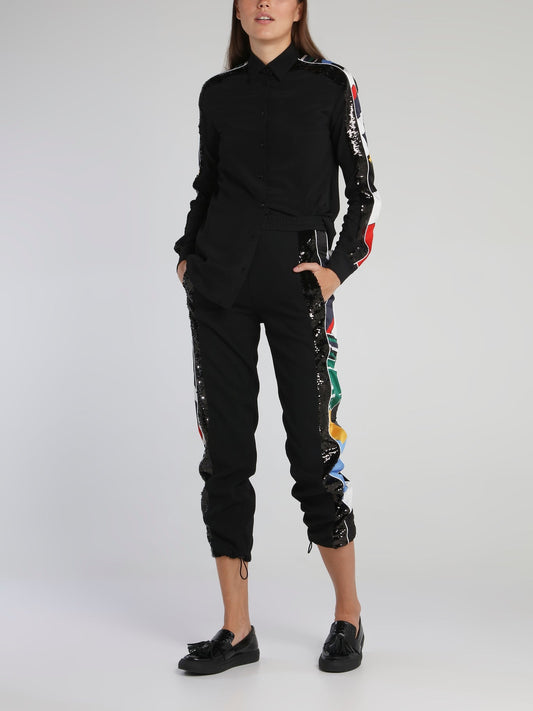 Black Sequin Detail Drawstring Trousers