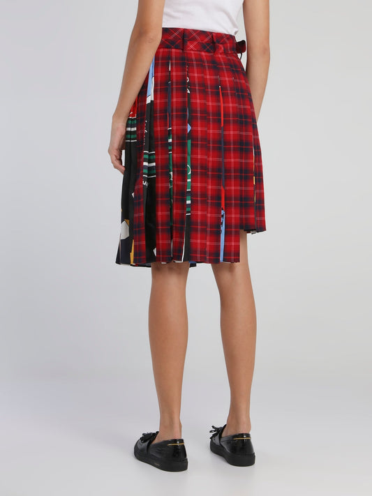 Red Check Pleated Asymmetric Skirt